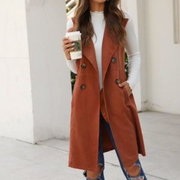 Classic Camel Long Vest Coat Pocket Jacket - Picture 2 of 12